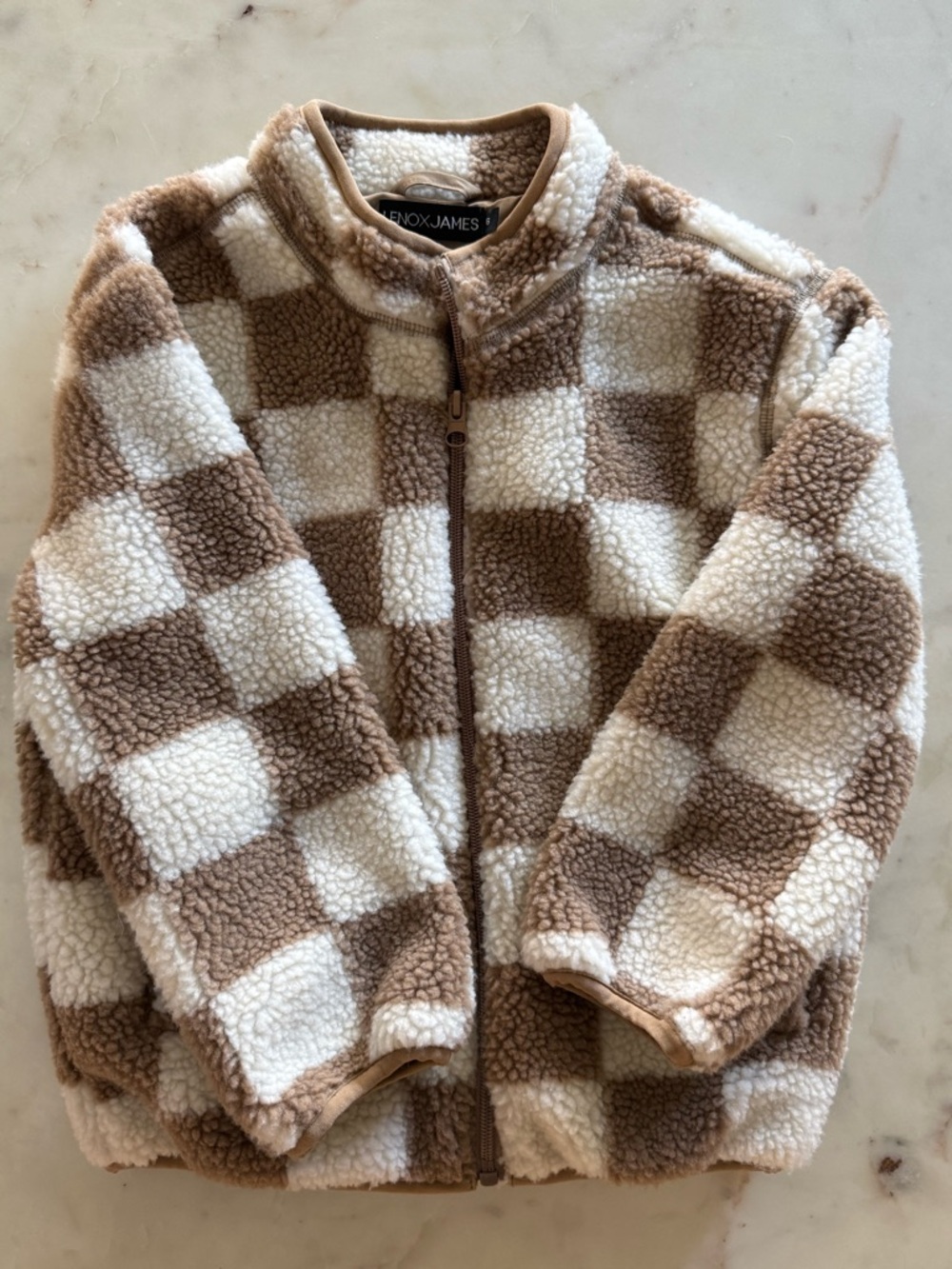 Lenox James Sherpa Jacket Toddler Size 6 Checkered Brown Cream Cozy Zip